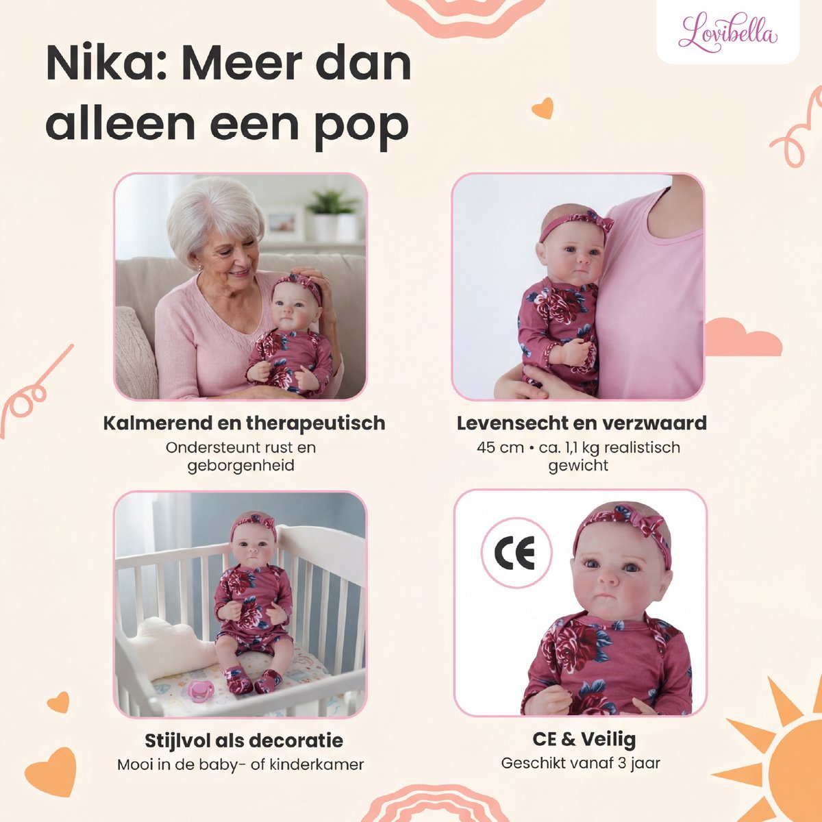 Lovibella® Nora Reborn Baby Pop Meisje - Levensechte Babypoppen - Dementie poppen - 45 cm - Complete Accessoires Set - Realistische Poppen - Zoals Echt - Zacht Vinyl - Doll Speelgoed 3 Jaar — afbeelding 2