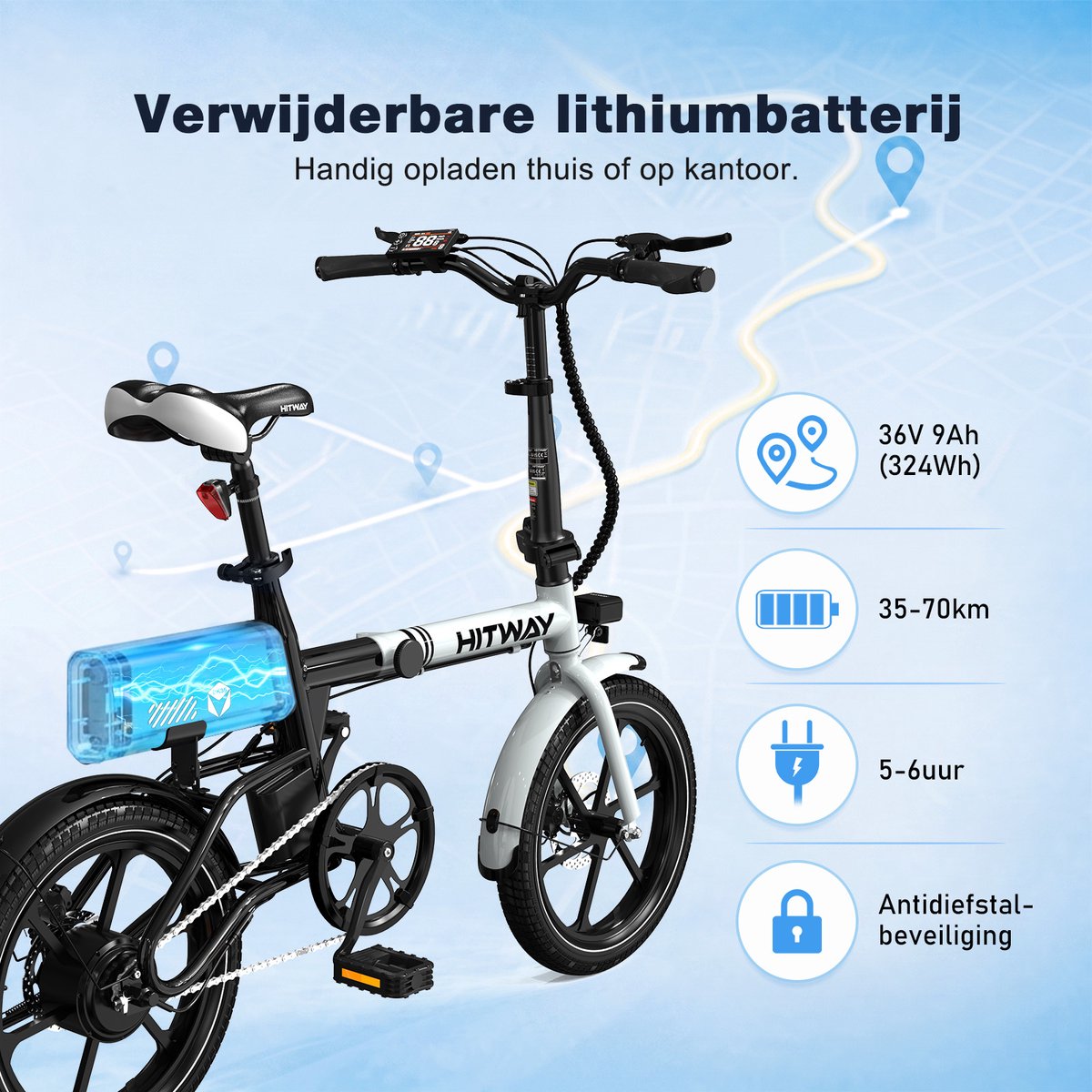 Hitway Elektrische Fiets BK35S - Trendy 16 Inch City Commuter EBike met Afneembare 36V 9Ah Lithium Batterij - Opvouwbaar E-Bike met 250W Motor - APP Bediening – foto 6