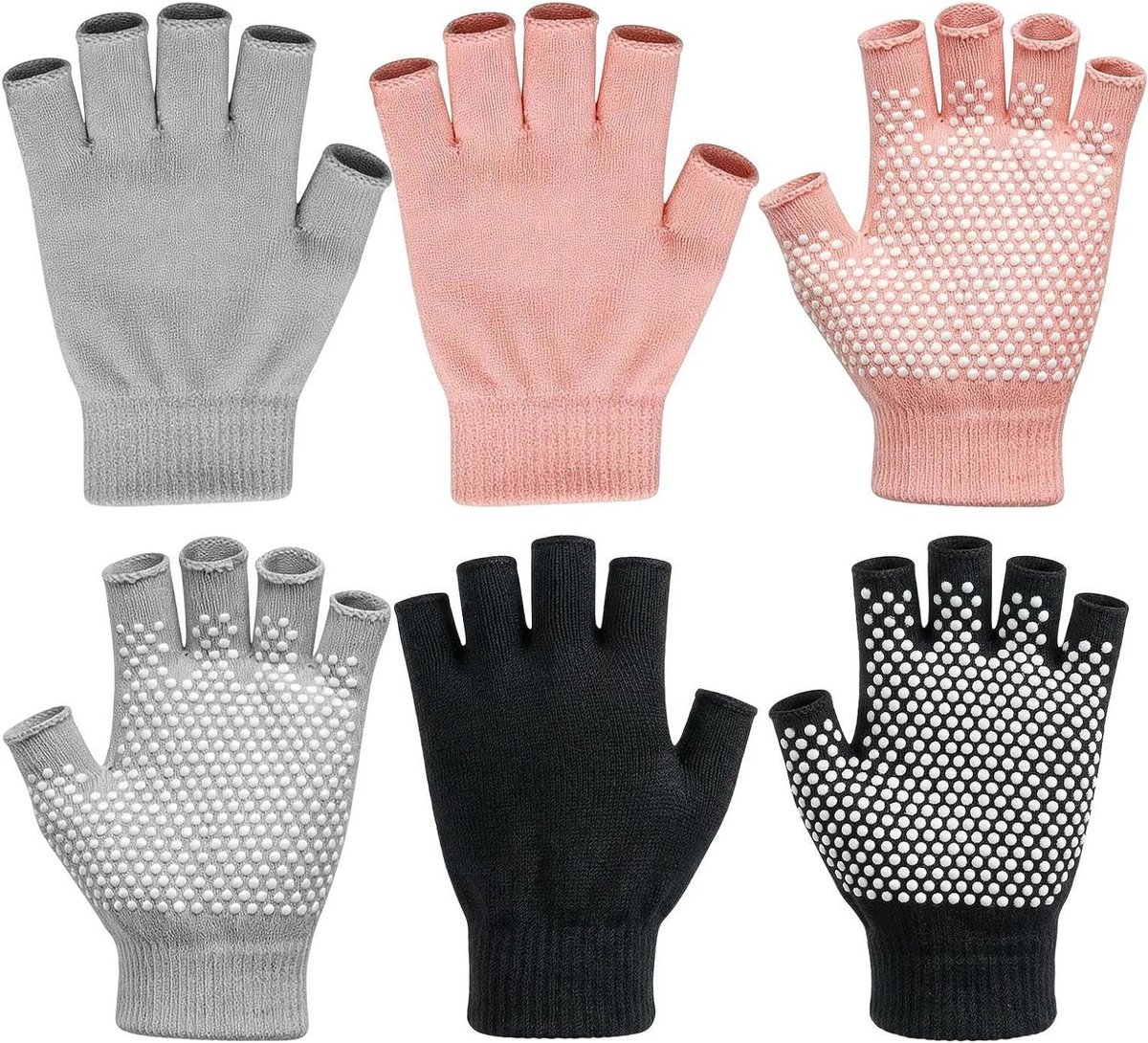Pilates handschoenen - Vingerloze wanten - Krachttraining thuis - Antislip textuur - 3 paar - Zwart