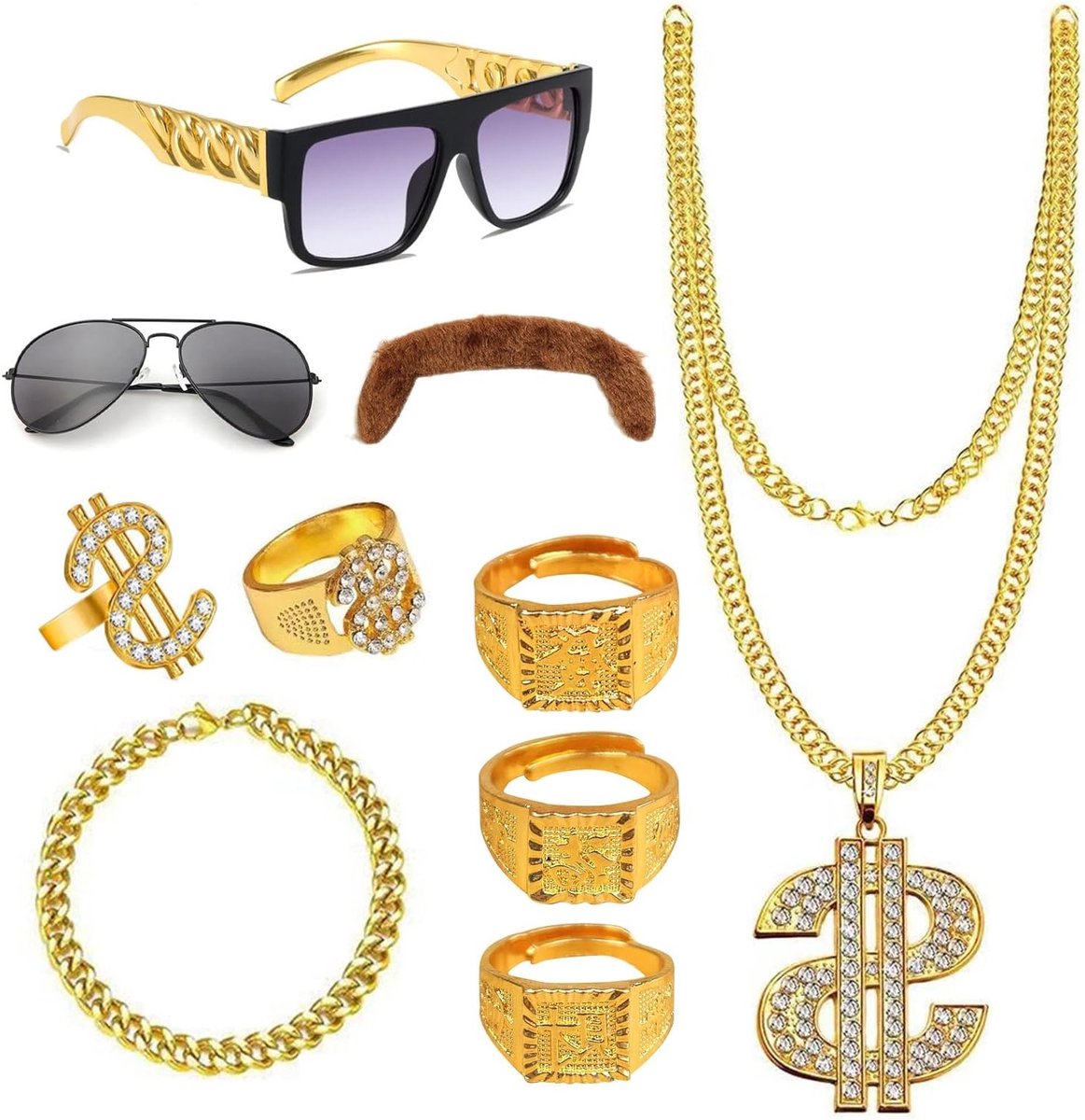 Hippie Rapper Kostuum Accessoires voor Carnaval en Feest - 10 Delen met Ketting, Armband, Ringen en Zonnebril, Retro 80s en 90s Stijl