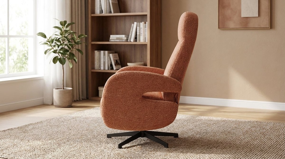 Relaxfauteuil Esbjerg Luxe Draaifauteuil met Voetsteun 68x84x114 cm – Coral Royal Bouclé – 360° Verstelbare Relaxstoel met Zwart Metalen Onderstel – House&Garden