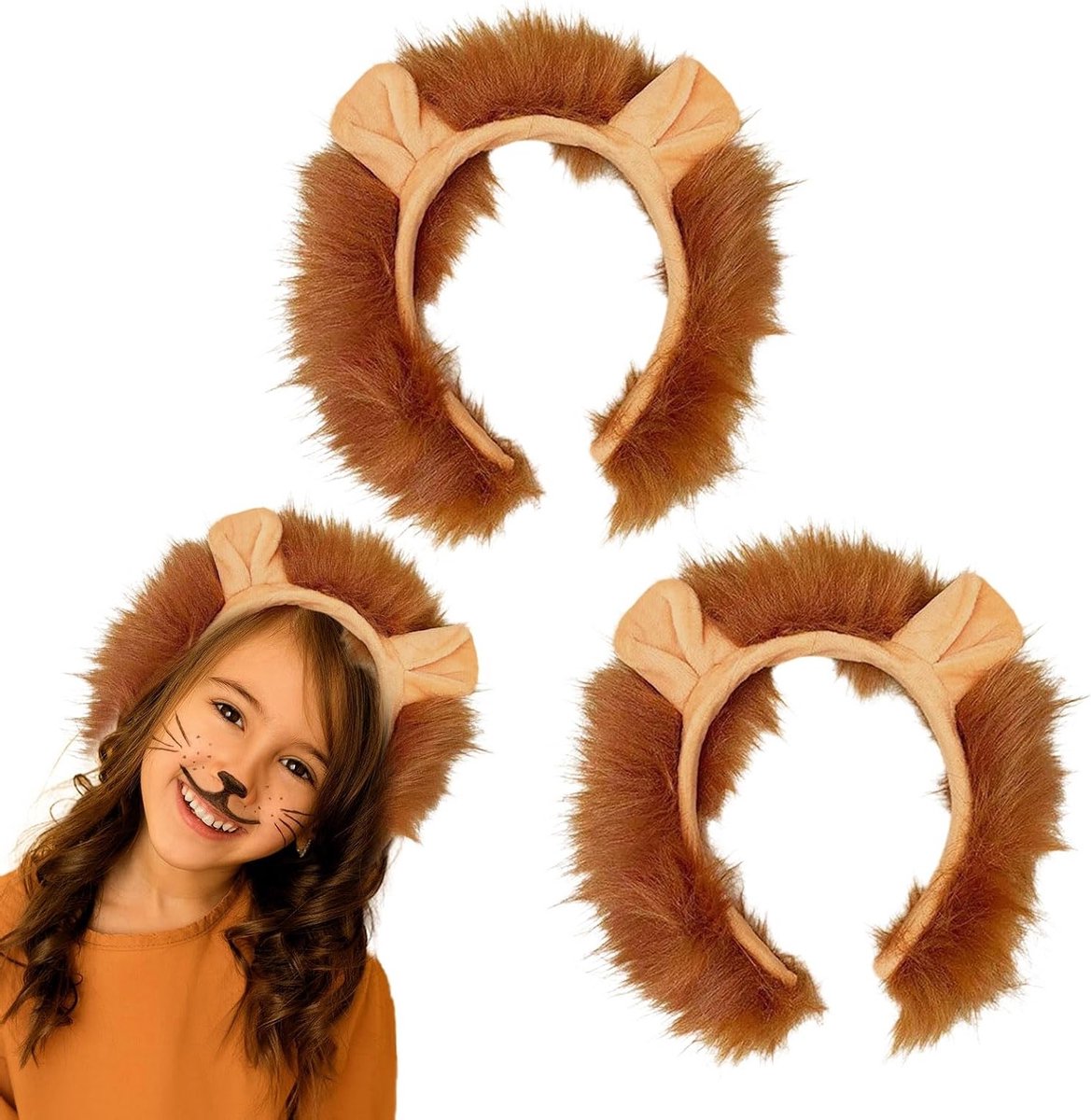 Set van 2 Leeuwenkopbanden met Dierlijke Oren, Pluche Hoofdband voor Kinderen en Volwassenen, Perfect voor Themafeesten en Kostuums