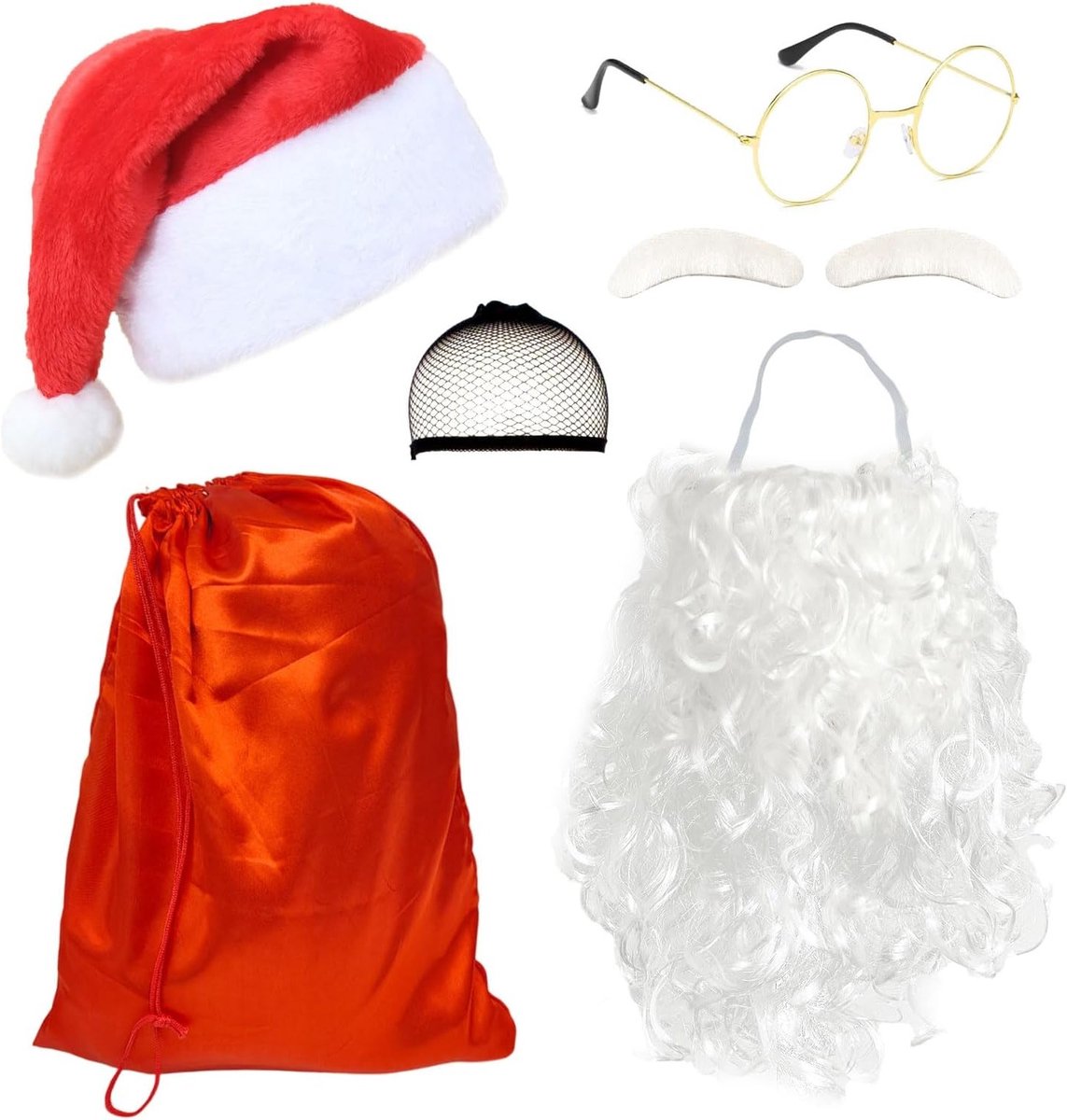 6-delige Kerstman Kostuum Set met Hoed, Baard, Wenkbrauwen, Bril en Rode Tas voor Volwassenen, Perfect voor Feestdagen en Kerstvieringen
