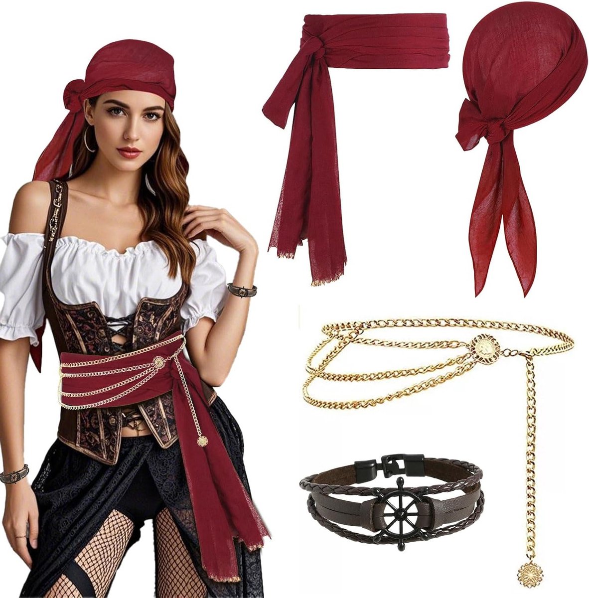 Piratenkostuum Accessoires Set voor Vrouwen - Bandana, Sash, Armband en Halsketting voor Halloween en Cosplay Feestjes