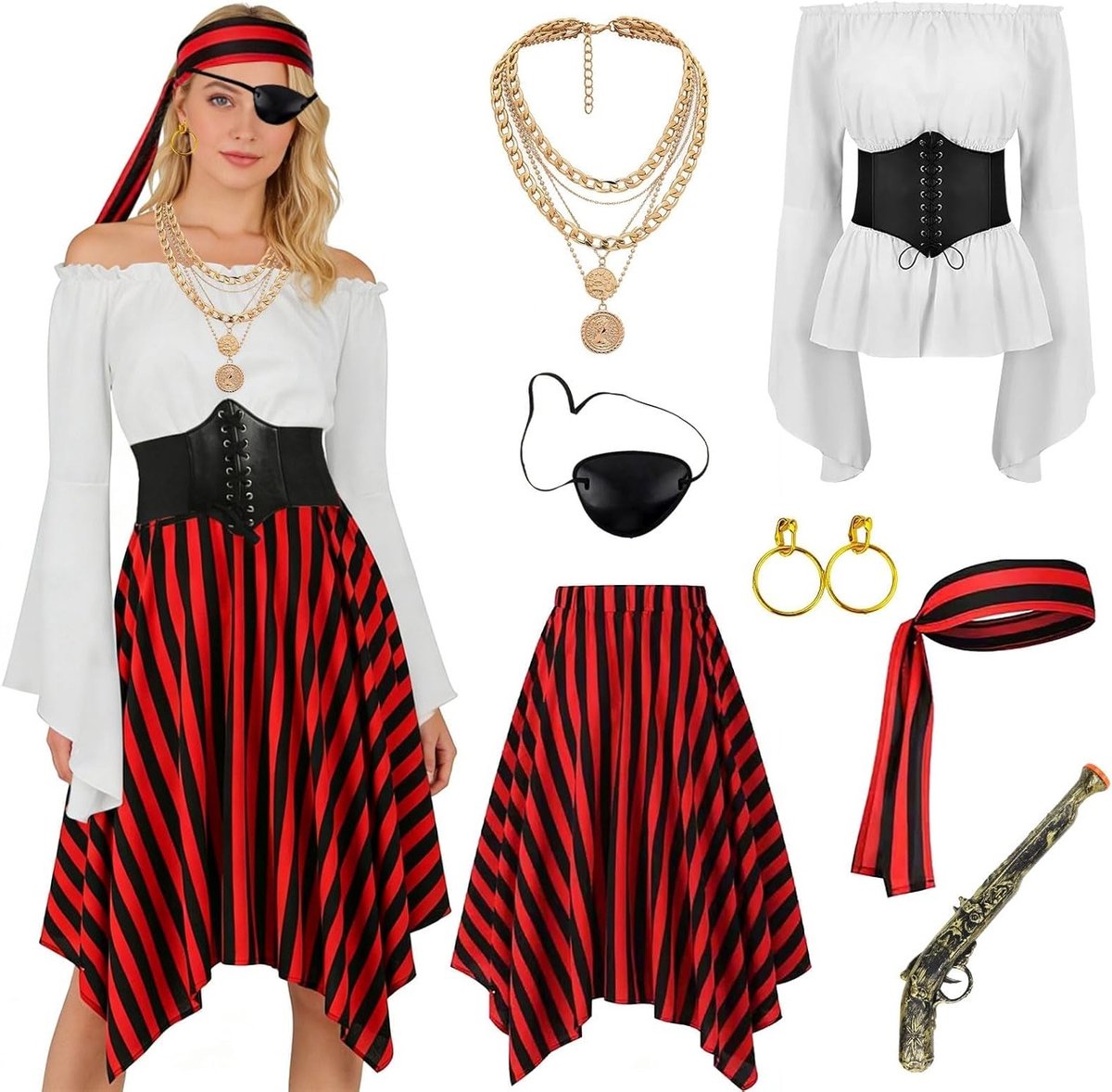 Piratenkostuum voor Vrouwen - Middeleeuws Piratenoutfit met Witte Top, Rode Rok en Corset voor Carnaval en Cosplay Feesten