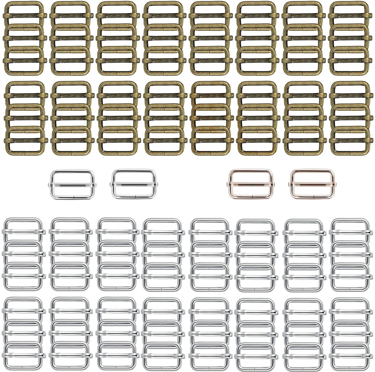 Dailygoods - Dailygoody - Schuifgespen - Riemschuiver - 100 Stuks - Zilver & Brons - Voor Handtas en Rugzak - Duurzaam Metaal - Geschikt voor Uniseks Volwassenen