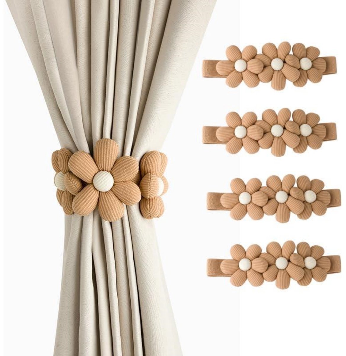 longziming -Gordijn Ophouder - Raamdecoratie Houders - Boho Gordijnaccessoires - Natuurlijk Katoen En Linnen - Bloemvormige Sluiting Design - Veelzijdig Voor Elke Kamer - 4 Stuks