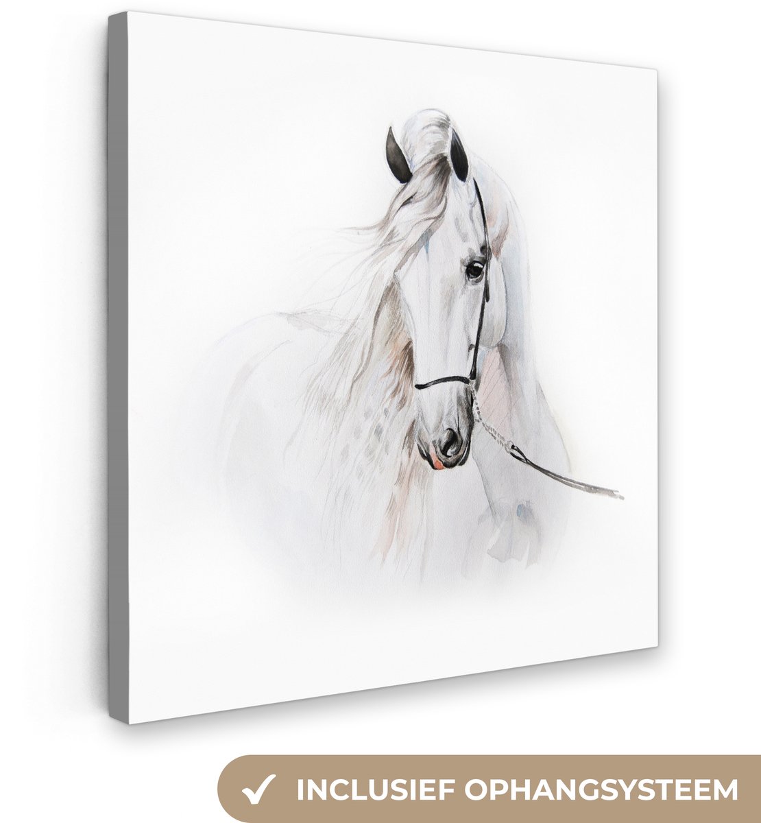 Canvasdoek kinderen - Decoratie kinderkamers - Paard - Waterverf - Dieren - Wit - Canvas kinderen - Muurdecoratie - 20x20 cm - Canvasdoek voor Kids