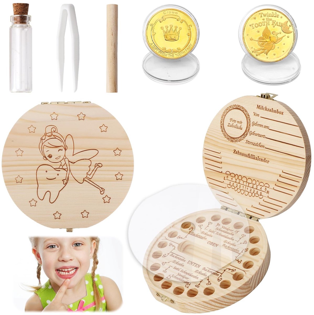 Dailygoods - Dailygoody - Melktanddoos - Tandenfee-muntenset - Houten tanddoos met haarkrullen-opslag - Uniek cadeau voor kinderen - Herinnering aan melktanden - G...