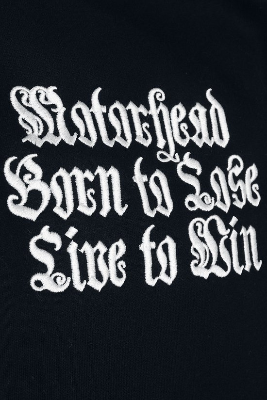 Witte borduursels met "Motorhead Born to Lose Live to Win" op een zwarte achtergrond.