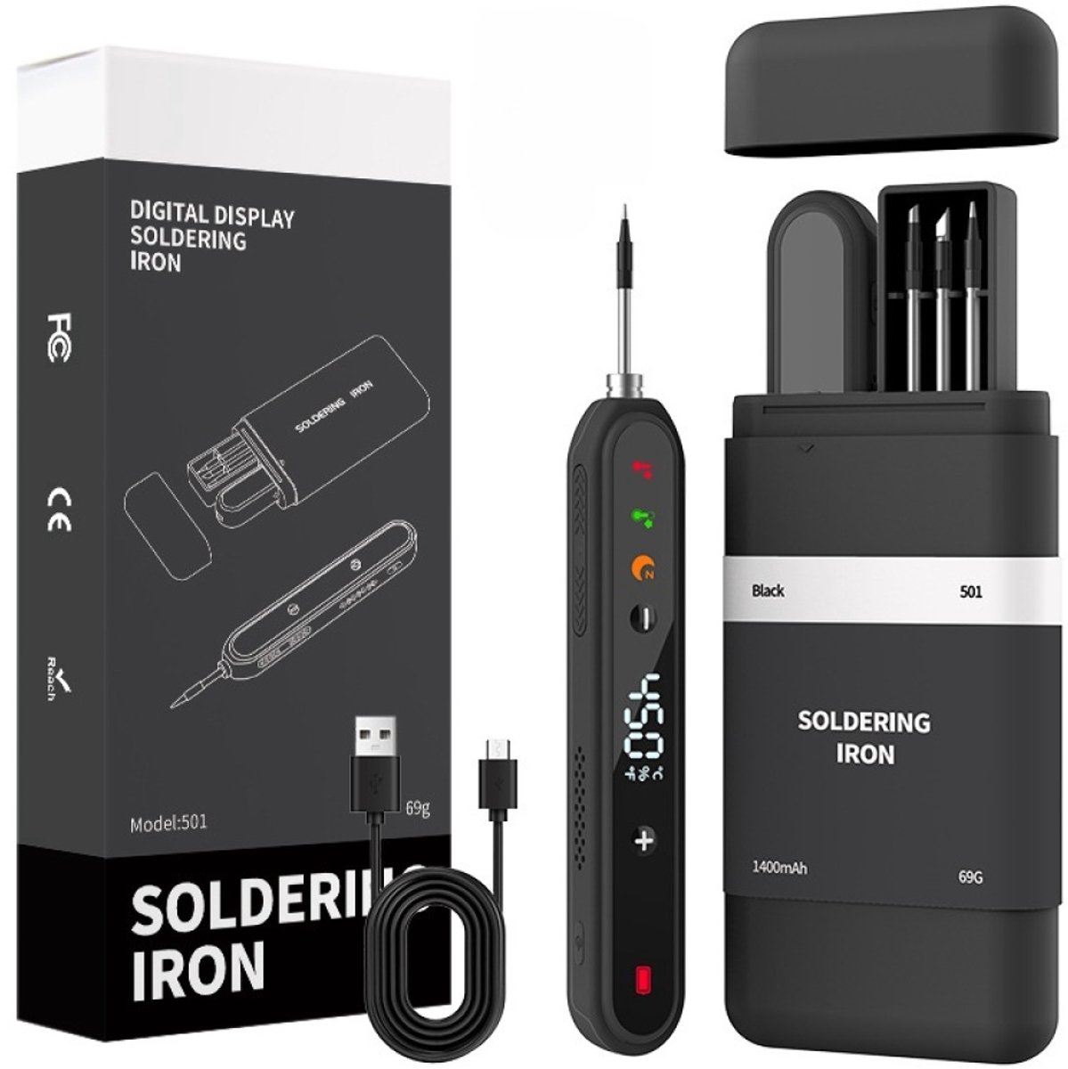 carmdering - Soldeerbout - Draadloze Soldeerbout - Oplaadbare Soldeerbout - 1400 mAh, USB-C, 180-450°C, 90 min gebruik - Met 3 soldeerbouten, soldeertin, vloeimiddel, houder - Incl. opbergkoffer - Voor thuis, DIY en hobby - Zwart