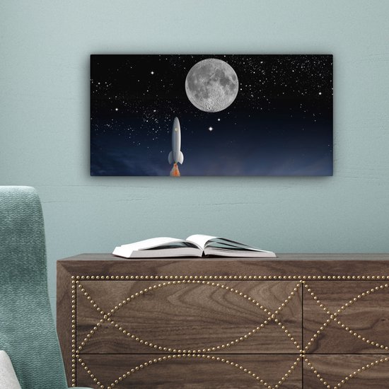Tableau sur toile Un dessin de la navette spatiale et de la pleine lune - 40x20 cm - Décoration murale Art