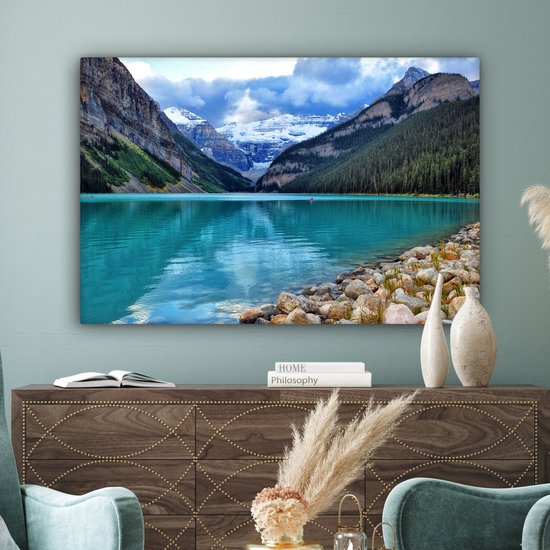Canvas schilderij 150x100 cm - Wanddecoratie Meer in het Nationaal park Banff in Alberta - Muurdecoratie woonkamer - Slaapkamer decoratie - Kamer accessoires - Schilderijen op canvas