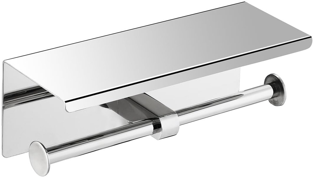 carmdering - Double Toilet Roll Holder - Dubbele Toiletrolhouder - Toiletpapierhouder - Telefoonplank - Wandmontage - SUS304 Roestvrij Staal - Spiegelglans 8K - Ruimtebesparend Ontwerp