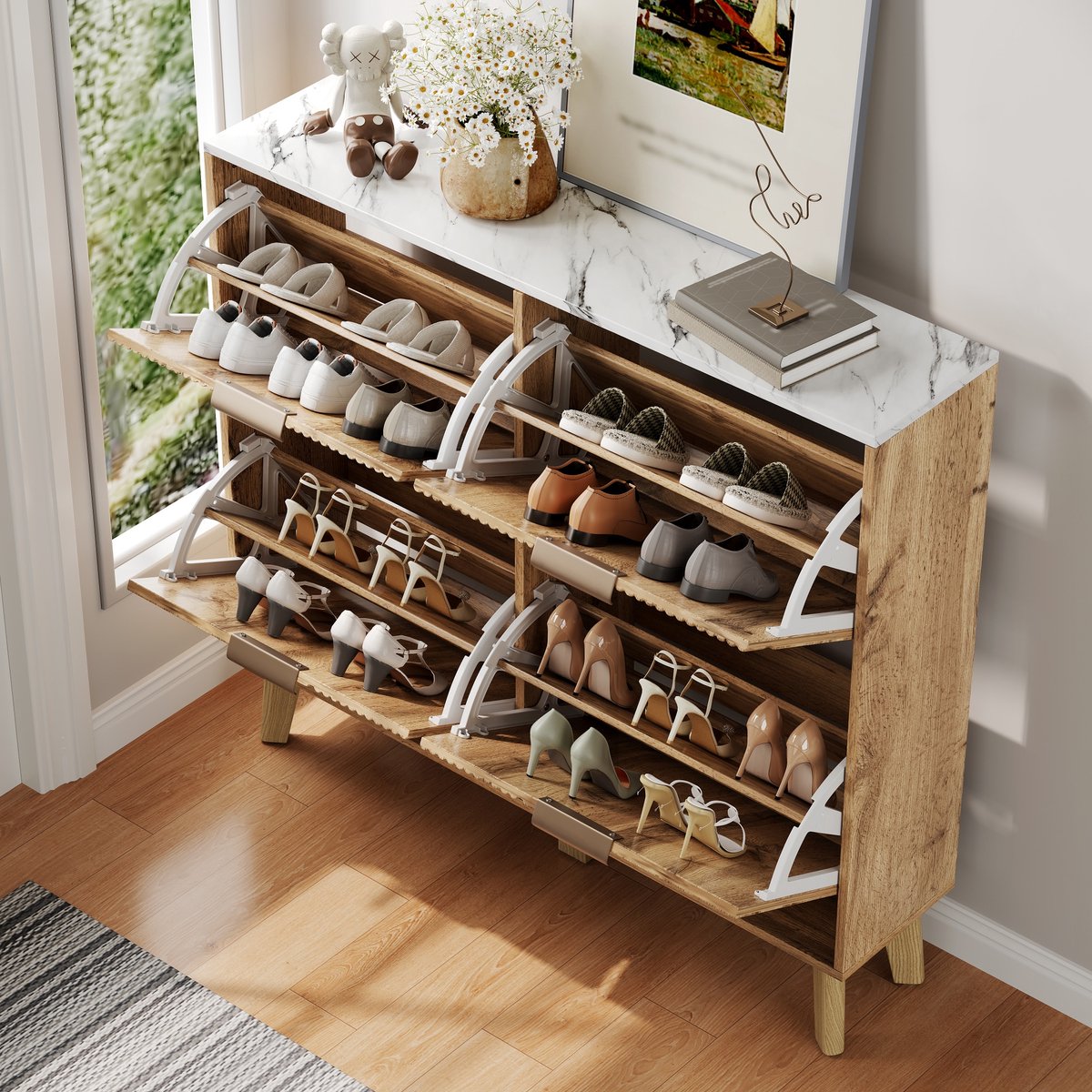 REDOM - Schoenenkast Met Klapdeuren - Reliëfstructuur En Marmorlook - Retro - Voor Hal - MDF - Naturel - 105 x 24 x 95,5 cm