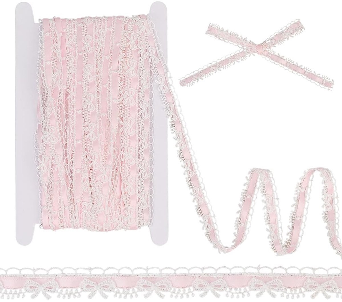 Dailygoods - 15 Meter Roze Kantlint met Witte Strikranden voor Decoratie