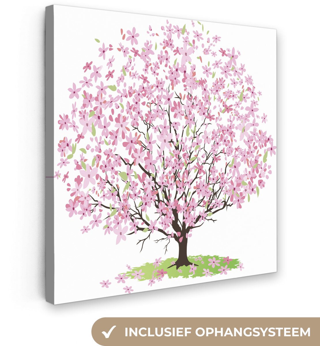 Canvas schilderij 50x50 cm - Wanddecoratie Bloesemboom - Illustratie - Wit - Muurdecoratie