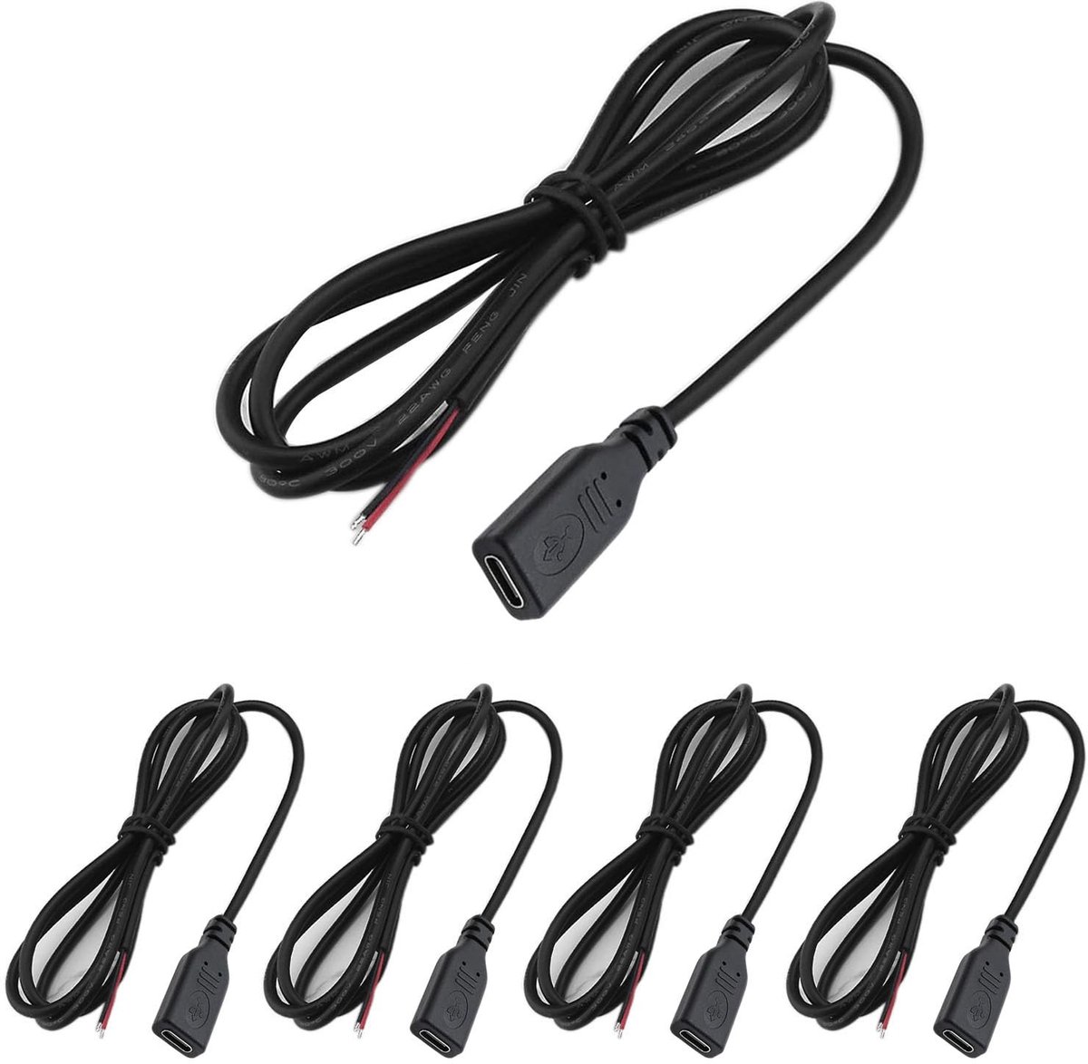 Dailygoods - Dailygoody - USB C Pigtail Kabel 5-pack - 1 Meter 22AWG 5V 3A