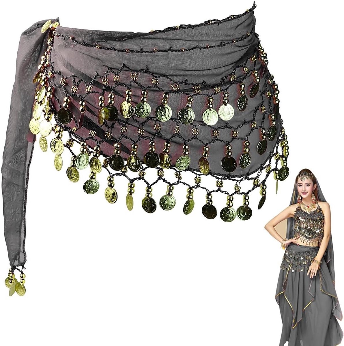 Buikdansriem voor dames - Chiffon heupdoek met munten voor buikdans, zwart, 22W, perfect voor dansoptredens en lessen