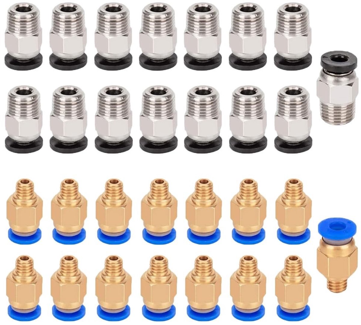 Dailygoods - Dailygoody - 3D-printer Bandenconnectorset - Snelkoppeling en Rechte Koppeling - 30 stuks - PC4-M6 en PC4-M10 - Voor 3D-printers en accessoires