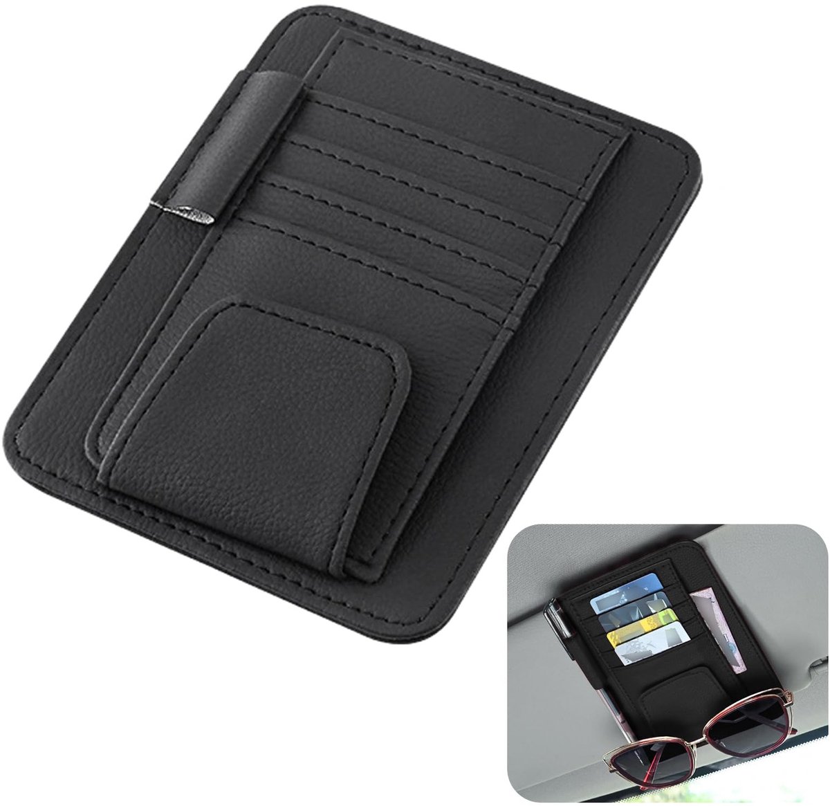 Dailygoody - Zonnevisorgemonteerde organizer - PU leer zonnebrilhouder - Handige opbergcompartimenten - Ideaal voor auto - Ruimtebesparend en stijlvol
