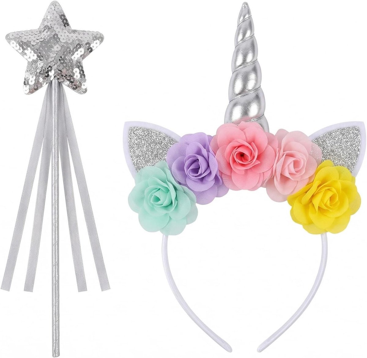 Haarbandset met eenhoorn thema voor meisjes en dames, perfect voor verjaardagen en carnaval, inclusief pailletten en toverstaf accessoires