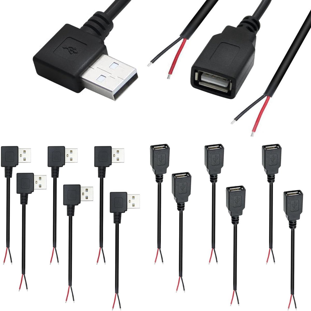 Dailygoods - Dailygoody - 12-Pack USB A Pigtail Kabel 90° 5V/2A - 30cm voor DIY en Apparaten