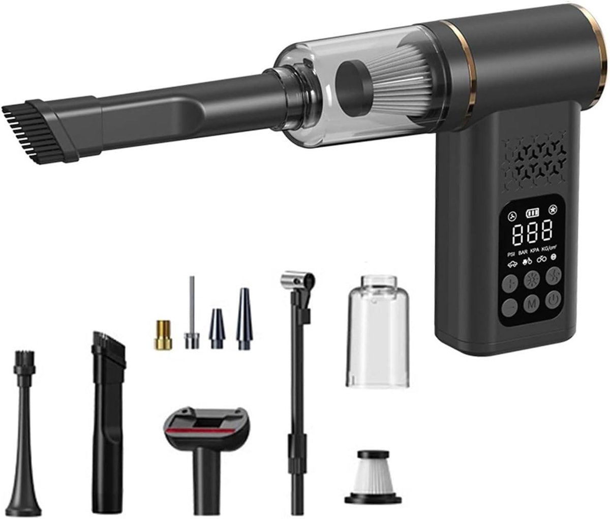 Draadloze 5-in-1 autostofzuiger met draagbare bandenpomp, voorzien van LED-verlichting en digitale drukmeter, krachtige handstofzuiger geschikt voor auto's, dierenharen, motorfietsen, ballen, enz. (Zwart)