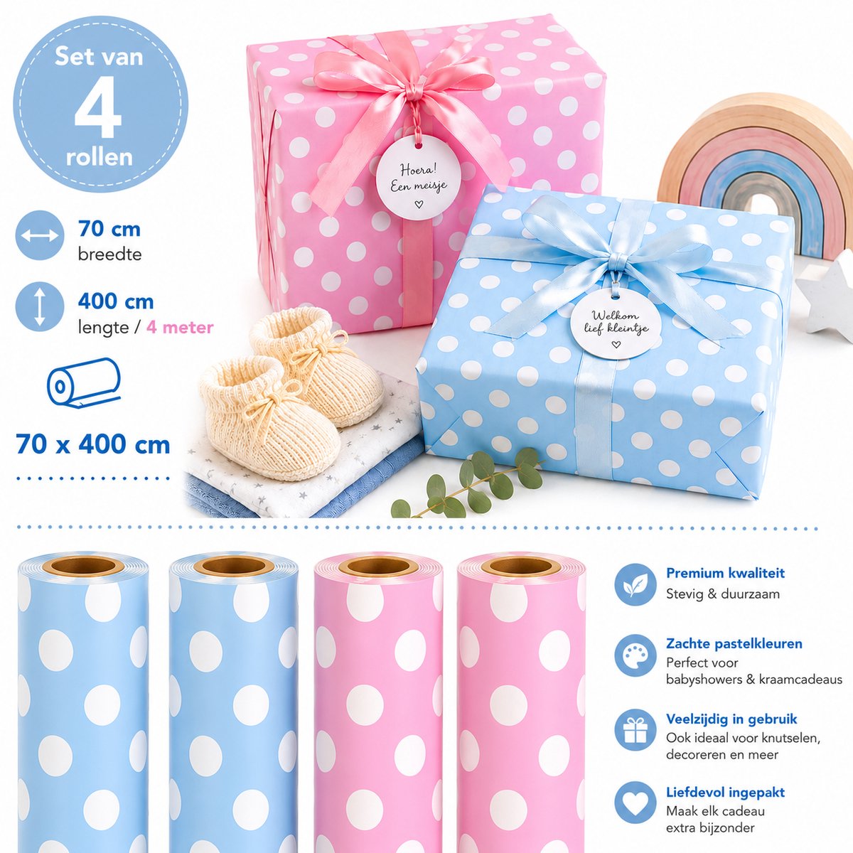 Extra Lang Cadeaupapier Baby Roze & Blauw – Set van 4 Rollen – 70 x 400 cm – Inpakpapier met Witte Stippen – Geschenkpapier Babyshower & Kraamcadeau – foto 3