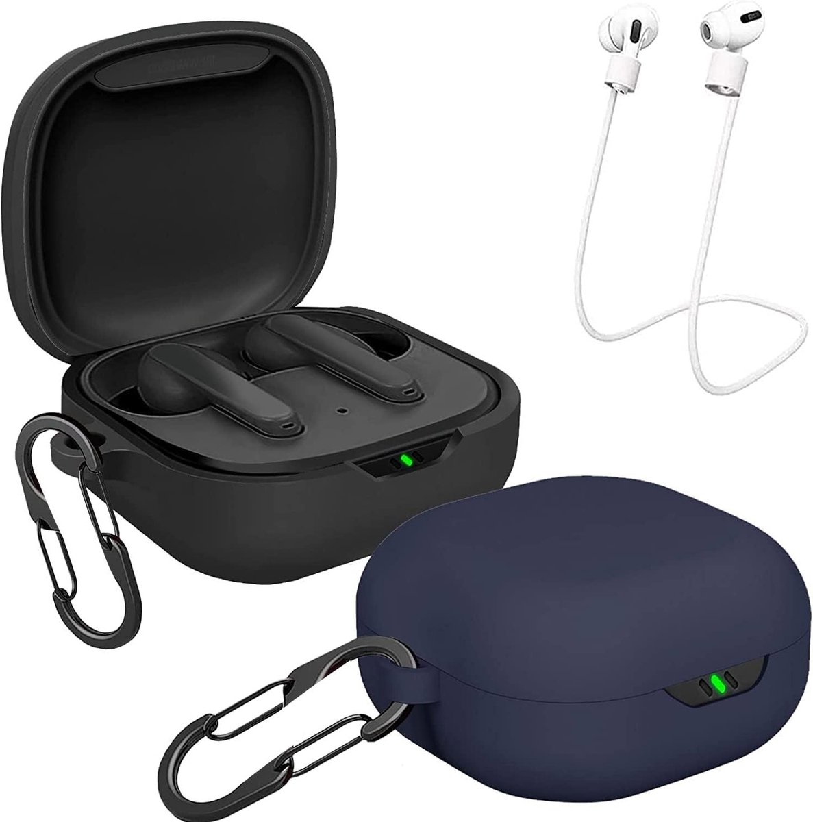 Set van 2 silicone beschermhoezen voor JBL Vibe Flex en Wave Flex met 2 karabiners en 2 anti-verlies banden - Schokbestendig en duurzaam ontwerp in zwart en blauw