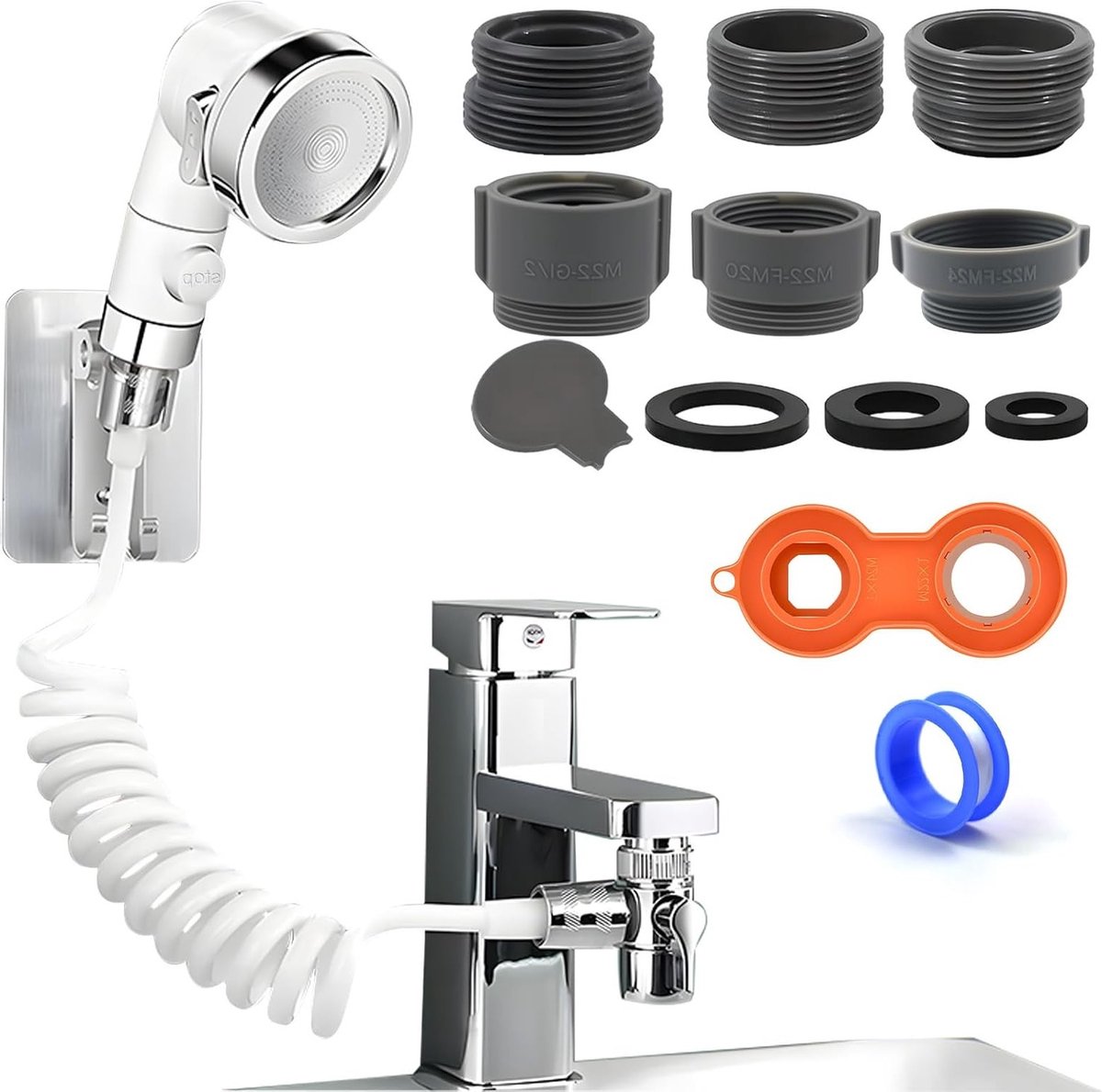 Complete Handdouche Set voor de Wastafel met 1.5 m Slang, Douchekop Houder en Stopfunctie voor Badkamer en Wasbak