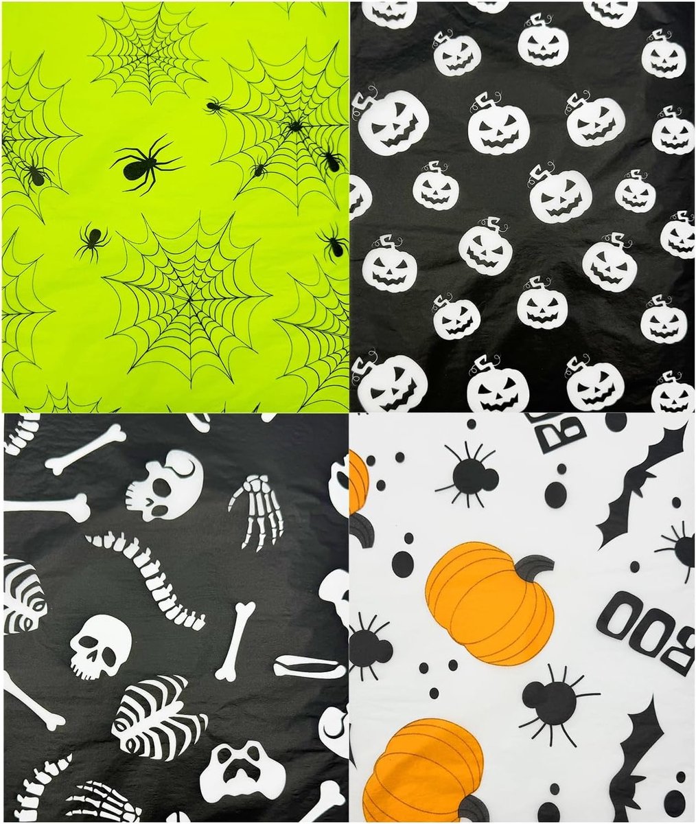20 Vellen Halloween Tissuepapier 50x35cm met Skelet, Pompoen en Spinnenweb Print voor Cadeauverpakking, Knutselen en Feestdecoratie