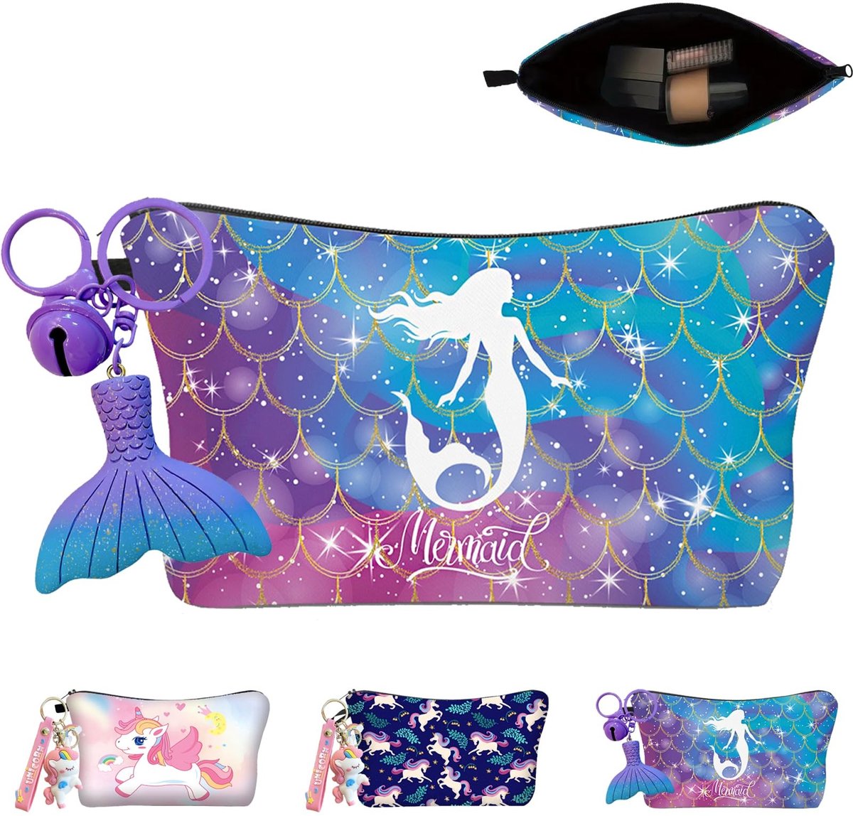 Dailygoody - Make-uptas - Reis-make-uptas - Set met sleutelhanger - Cartoon - Cadeau voor meisjes en vrouwen - 22 x 14 x 4 cm - Geschikt voor dames