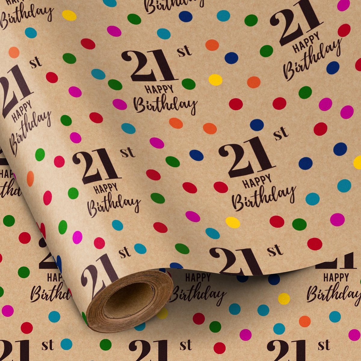 Dailygoody - Geurende kraftpapierrol - Mini-rol cadeaupapier - Kleurrijk stipontwerp - 21e verjaardag - 5 meter - Geschikt voor feestelijke gelegenheden