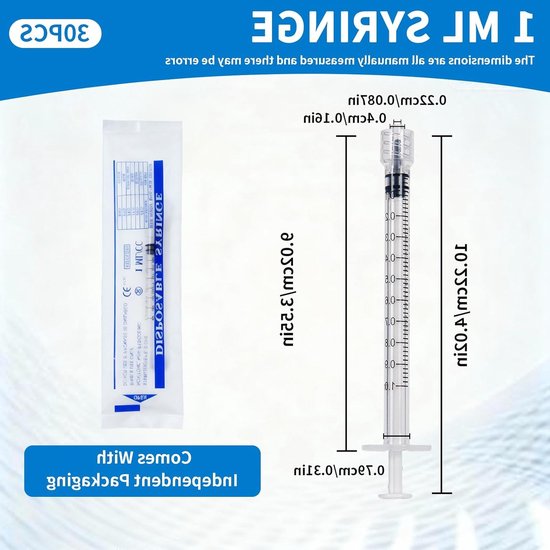 30 Stuks Luer Lock Spuiten 0.5ml met Doppen, Individueel Steriel Verpakt, Plastic Spuiten voor Vullen en Meten van Vloeistoffen in Laboratoria — afbeelding 5