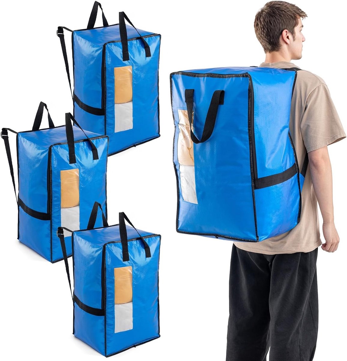 Verticale Verhuiszakken met Sterke Handvatten en Ritsen voor Kledingopslag, Waszakken en Reisaccessoires (Blauw, 4 Stuks)