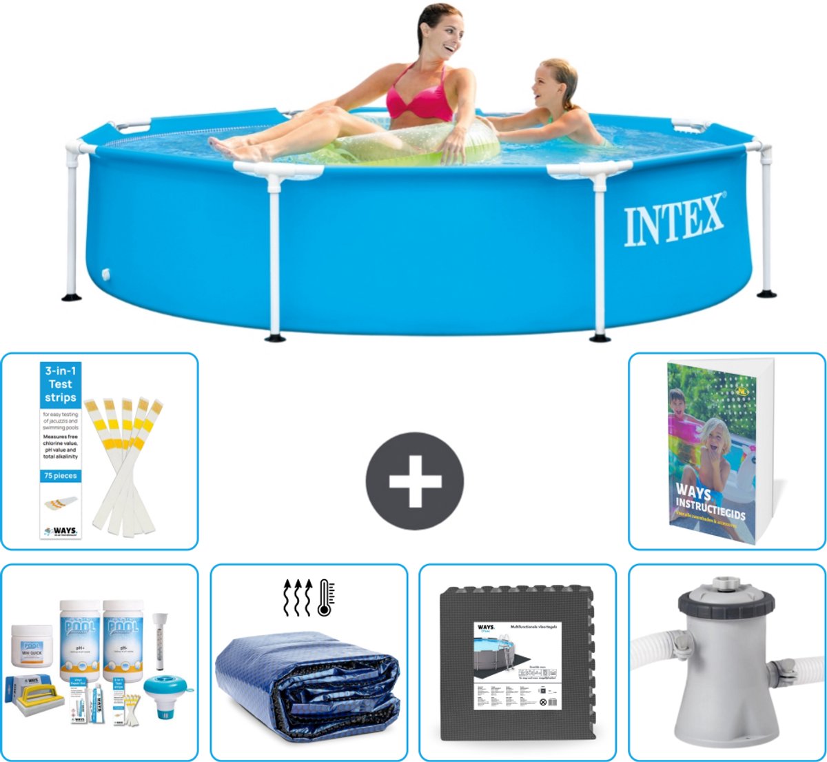 Intex Rond Frame Zwembad - 244 x 51 cm - Blauw - Inclusief Onderhoudspakket - Solarzeil - Vloertegels - Zwembadfilterpomp - 7-delig