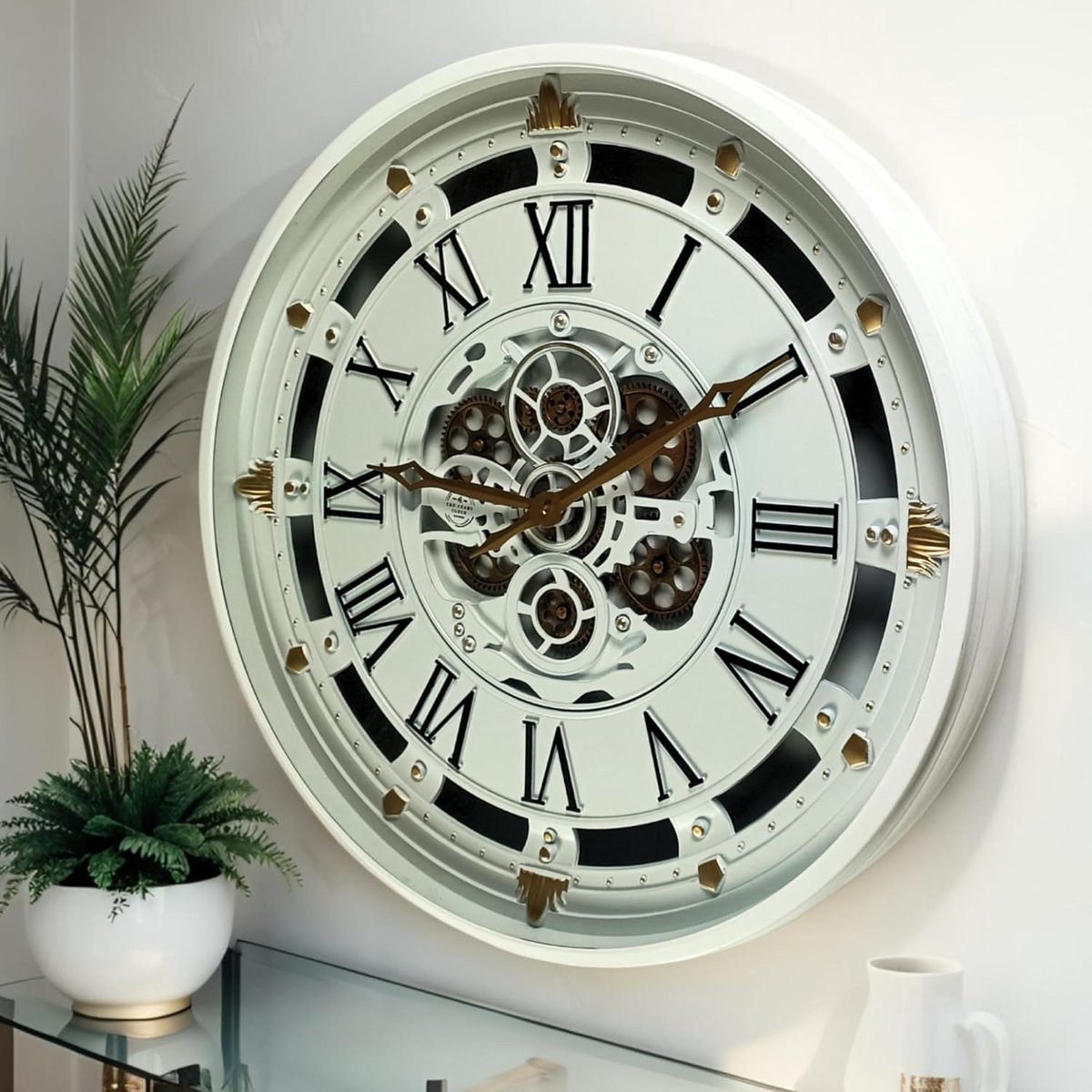 Wandklok Tandwielen - Decoratieve Klok - Woonkamer Decoratie - Echte Bewegende Tandwielen - 66 cm Diameter - Wit