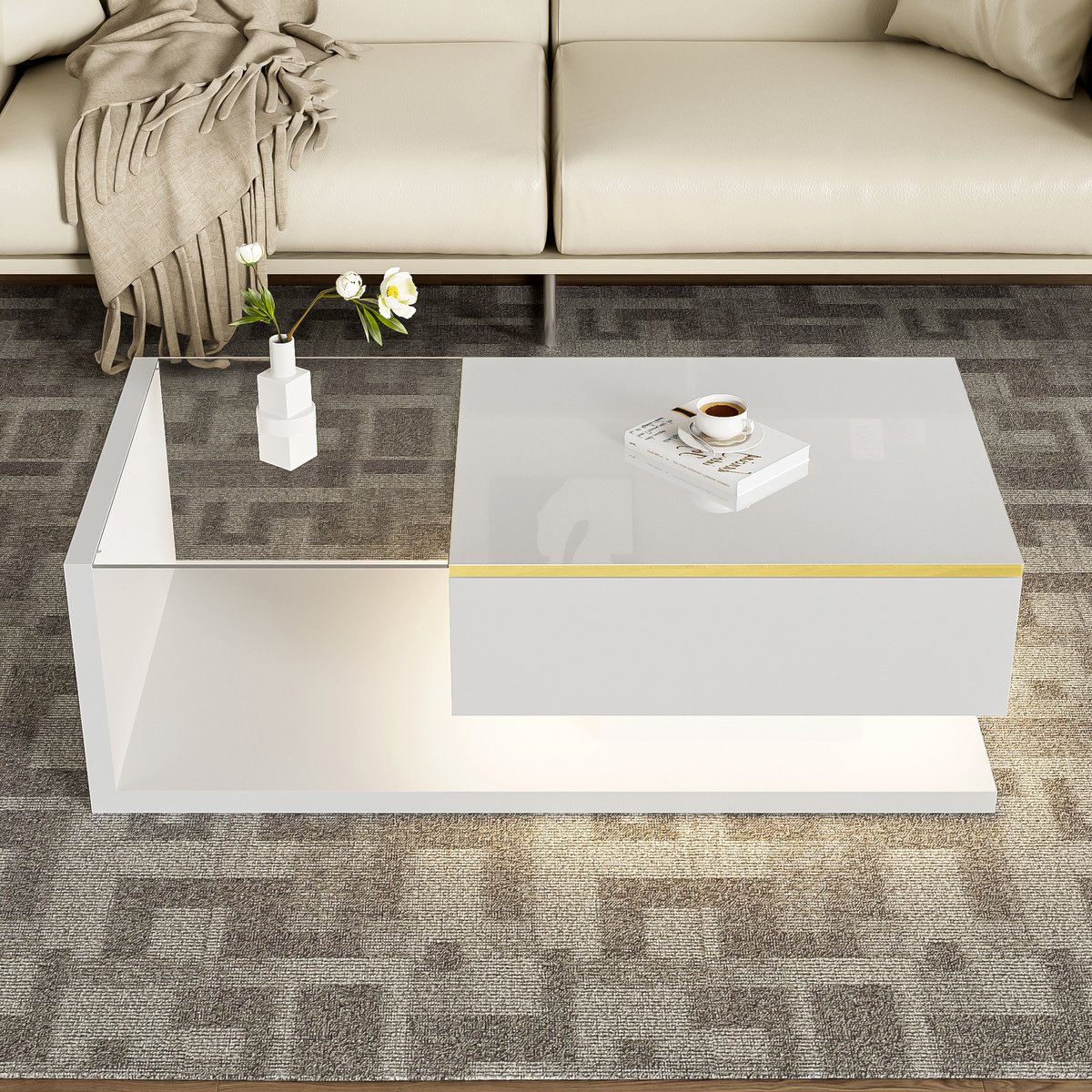 MODFU Salontafel - Glazen Blad En Ledverlichting - Modern - Voor De Woonkamer - Spaanplaat - Wit - 100 X 50 X 32,5 Cm