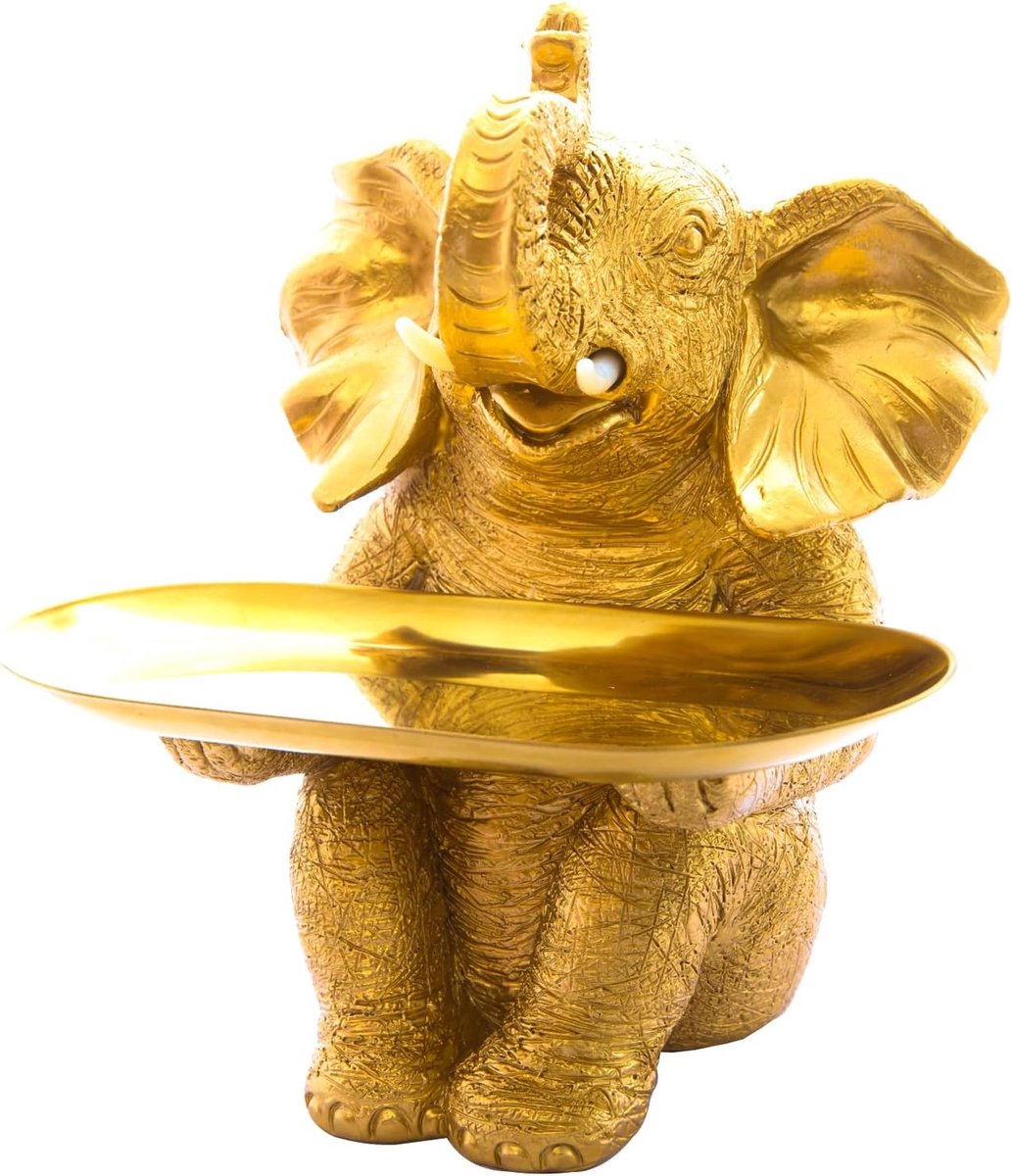 Olifant Decoratie - Beeldje Standbeeld - Woonkamer Inrichting - Met Roestvrij Staal Dienblad - 20x13x14cm - Goud