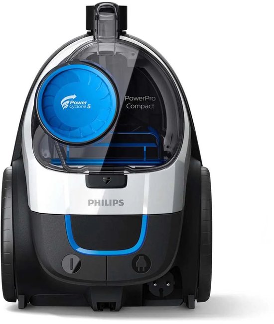 Aspirateur Philips PowerPro Compact noir et blanc avec détails bleus et réservoir transparent.