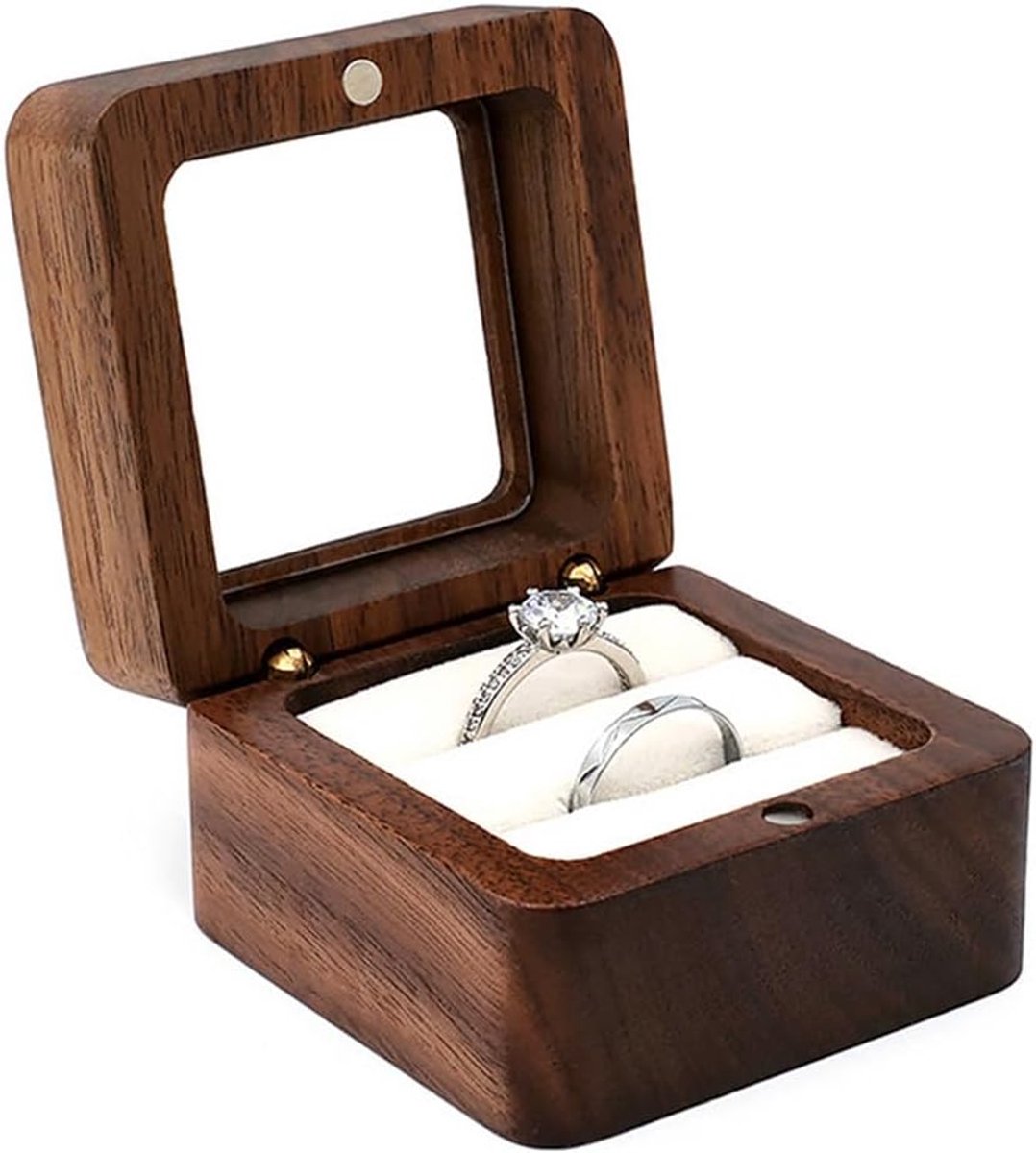 Houten Ring Doosje - Juwelendoosje Opslag - Bruiloft Huwelijk - Magnetische Sluiting - Walnoot