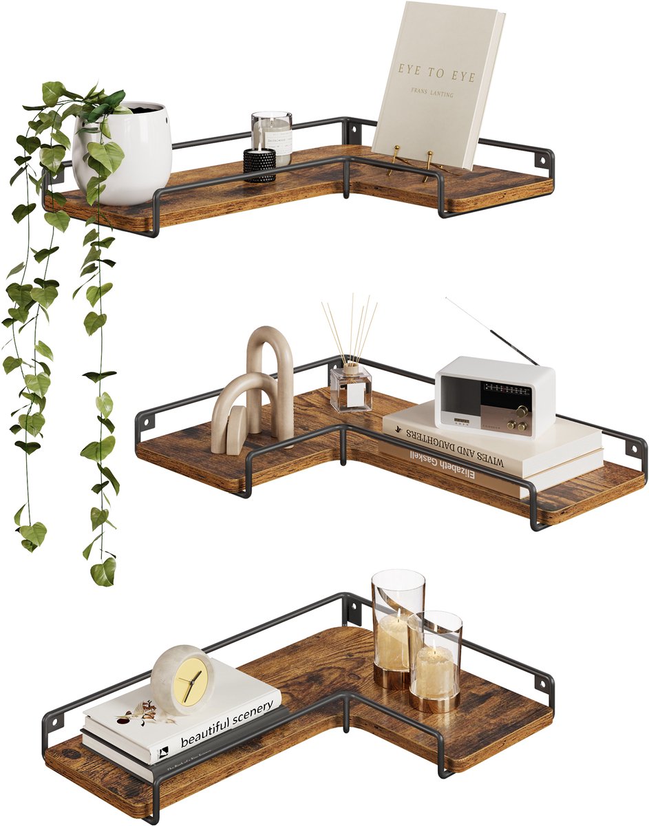 VASAGLE - Wandplank - Hoekplank - L-vormige - Set van 3 Wandplanken - Woonkamer Slaapkamer Keuken