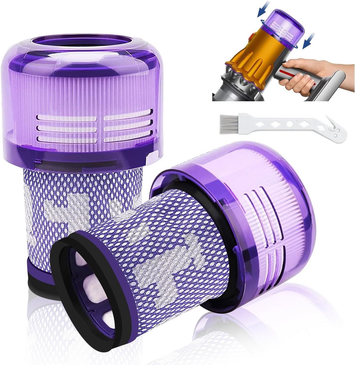 2-pack V12-filters - vervangingsfilters voor Dyson V12 Detect Slim Absolute Extra/Total Clean/Fluffy stofzuigers - SV34 - SV35 stofzuigers - wasbaar HEPA-filter met 1 borstel - onderdeelnummer 971517-01