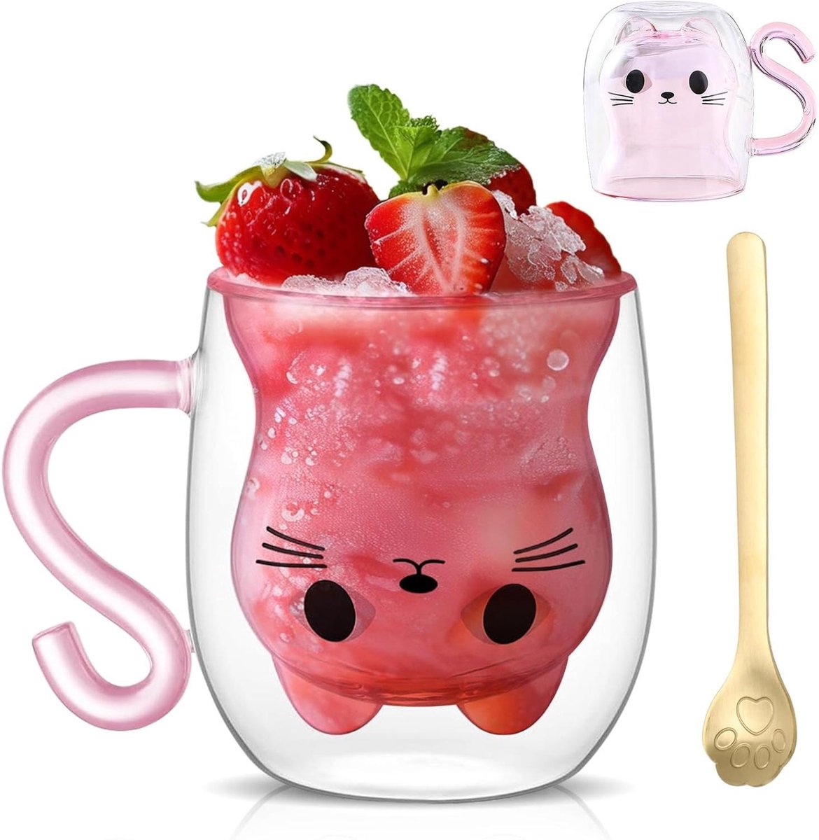 Koffiemok Kat - Dubbelwandig Glas - Warme Dranken - Met Lepel - 300 ml - Roze