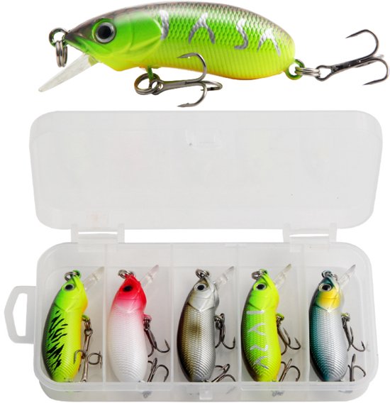 Cinq poissons leurres Blinkrs dans une boîte : vert à rayures noires, blanc, marron, vert et bleu. Chaque poisson a des hameçons.