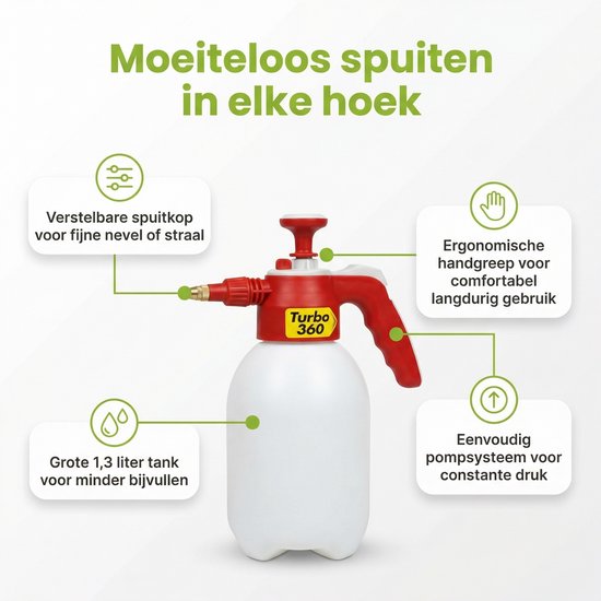 1 x BSI – Turbo Handdrukspuit – Handmatig Pompsysteem – 1,3 L - Handdrukspuit 360° - Spuit Ondersteboven - Spuit In Alle Richtingen - Spuit Voor Tuin - Spuit Voor Reiniging — afbeelding 3
