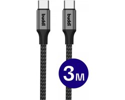 Buddi Flex - USB-C naar USB-C Kabel 60W Fast Charge 20V/3A | Power Delivery - 480Mbps Dataoverdracht - Gevlochten Nylon - 3M Zwart