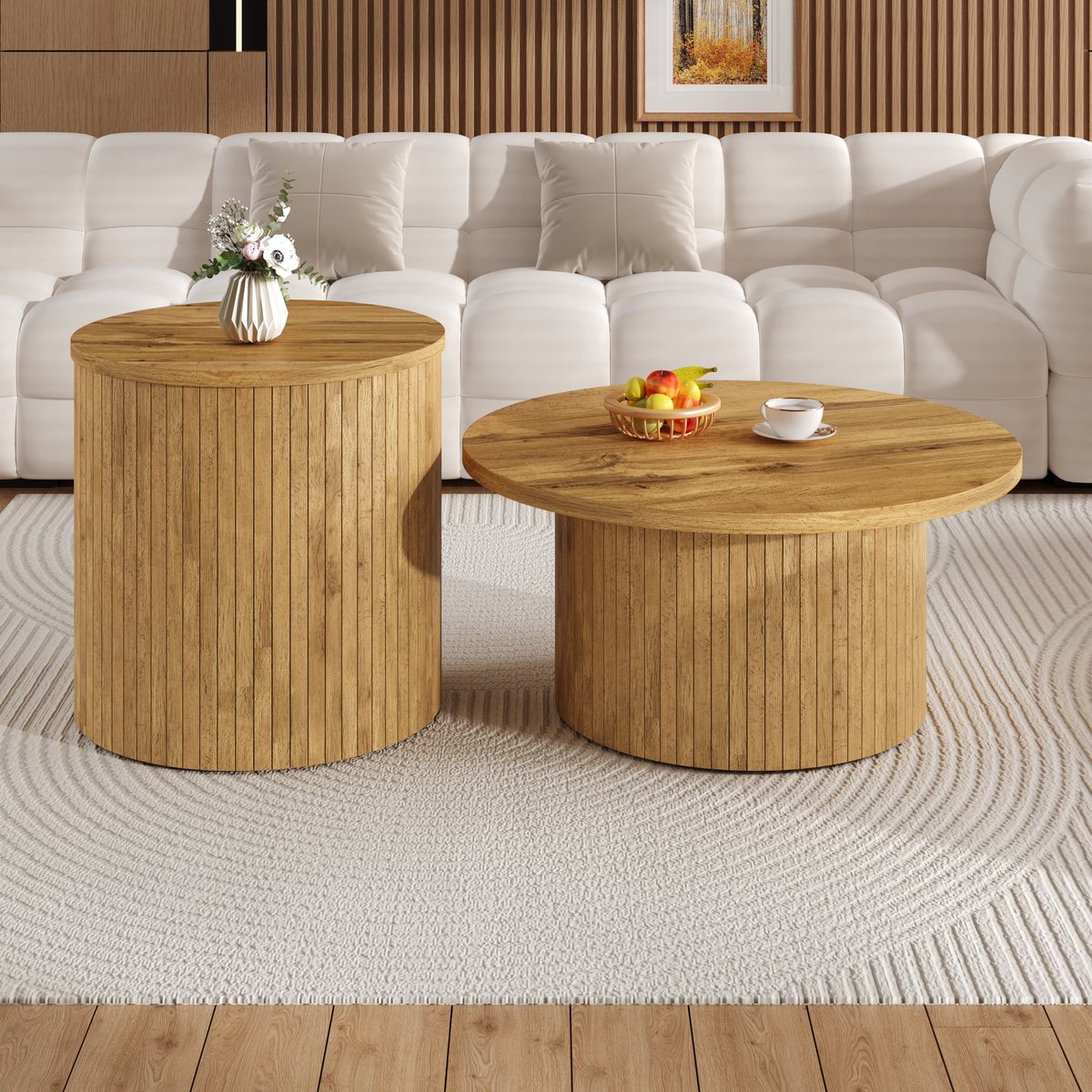 MODFU Salontafelset - Dubbel Rond Ontwerp - Scandinavische Stijl - Voor Woonkamer - MDF - Naturel Natuurlijk