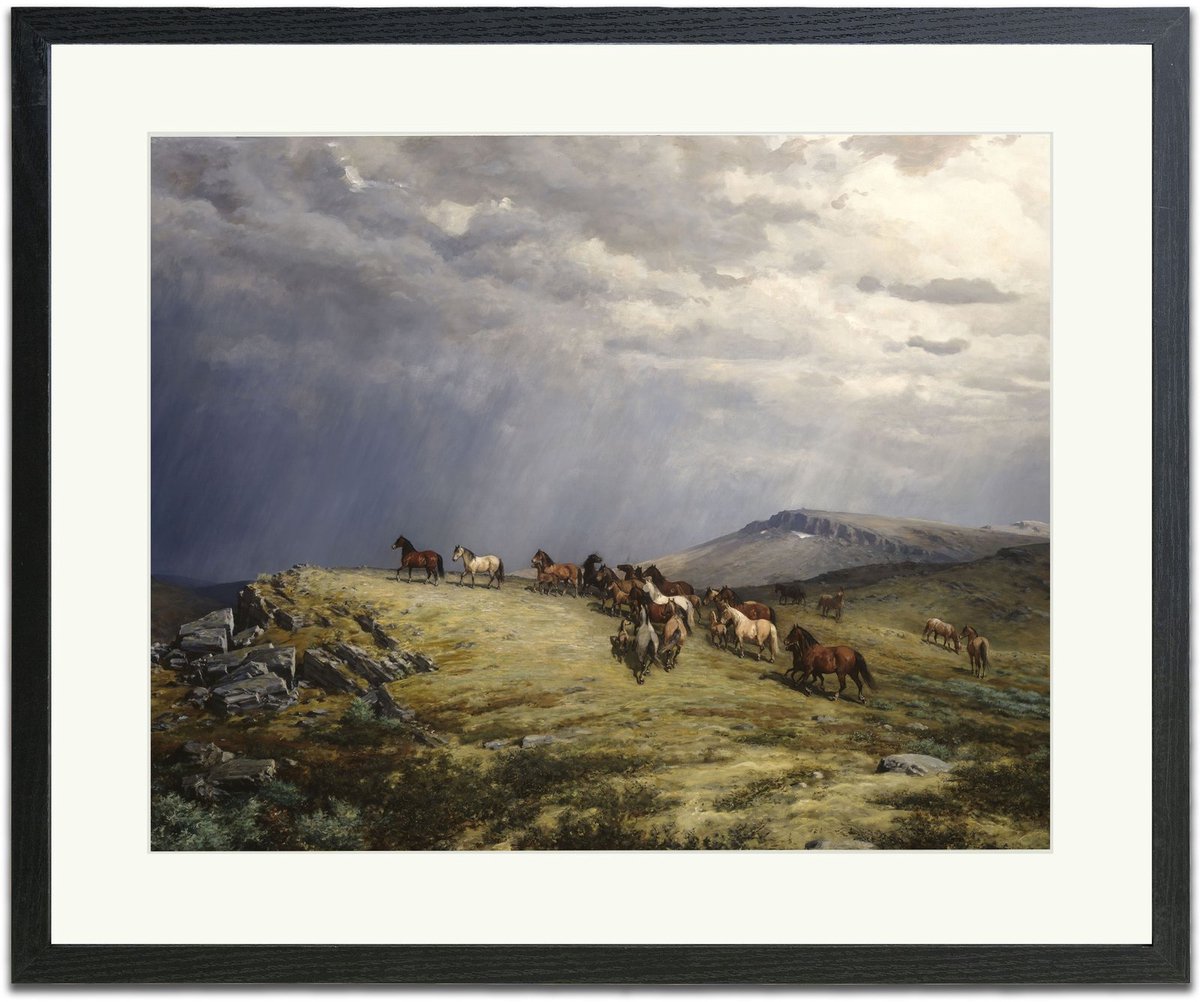 Paarden op de berg (Peter Nicolai Arbo) - Ingelijste Muurkunst - 63x53cm zwart frame - Glasplaat en Passe-partout - Museum kwaliteit print